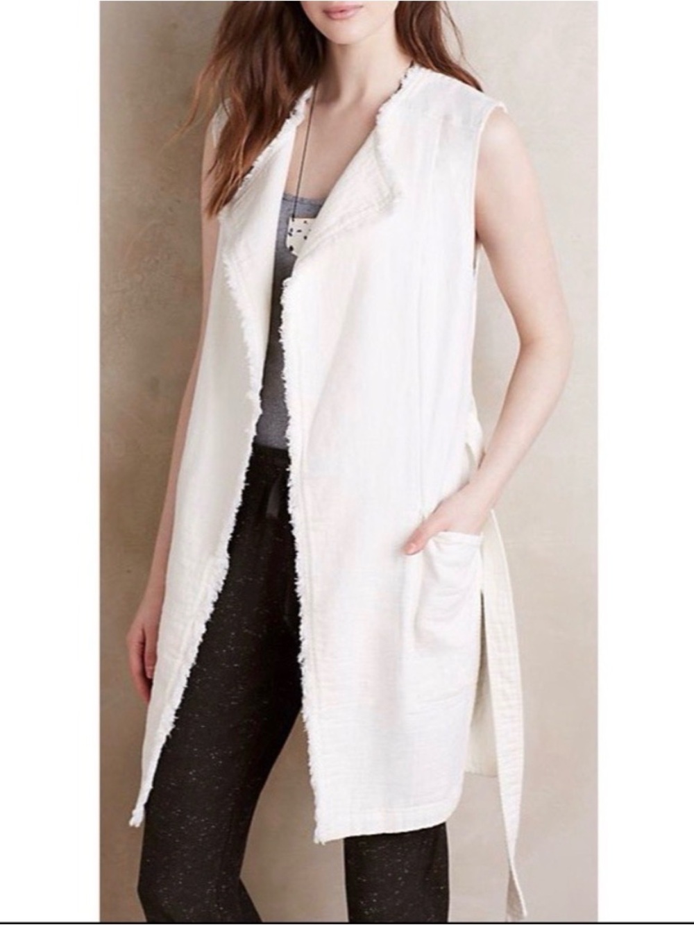 Anthropologie Elevenses Women's Frayed Luna Vest | Ivory | Small